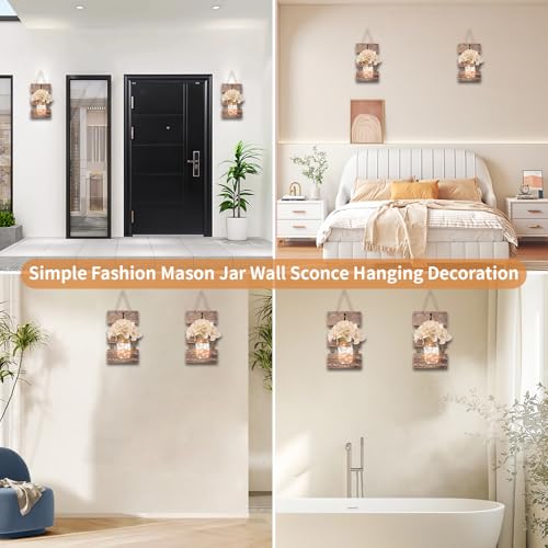 Image of Wall Sconce Decor 2pcs, Mason Jar Wall Sconce Farmhouse Home Decor with 9.8FT LED Fairy Lights 4Flowers, Modern Art Living Room Bedroom Bathroom Decorative Hanging Yellow