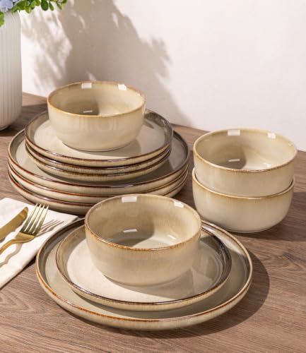 Image of GBHOME Dinnerware Sets for 4, 12 Pieces Stoneware Plates and Bowls Sets, Scratch Resistant Ceramic Dishes, Dishwasher & Microwave Safe, Reactive Glaze-Almond Cream
