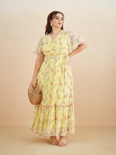 Image of Miss Chase A+ Women's Bohemian V-Neck Flutter Sleeve Chiffon Relaxed Fit Wrap Maxi Dress