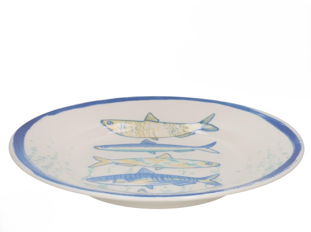 Gerimport Lot de 6 assiettes plates en céramique, motif poissons, bleu et jaune, 26 cm, style méditerranéen