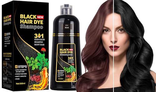 Hair Dye Shampoo 3 in 1 for Gray Hair Coverage, 500ML Instant Hair Color Shampoo, Hair Colour Shampoo, Hair Coloring in Minutes & Long Lasting Black Hair Dye Shampoo for Men Women (Black)