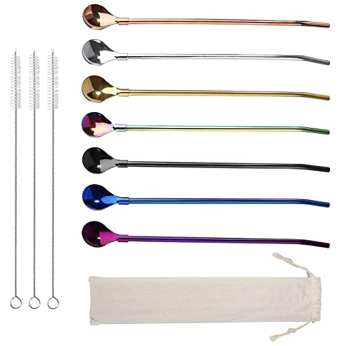 Pailles en acier inoxydable avec cuillère en métal réutilisables 7 cuillères en métal pour cocktail latte macchiato thé