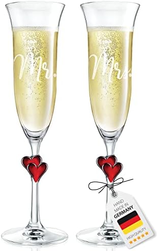 Champagne Flutes Set of 2-6 oz European Mr and Mrs Champagne Glasses with Red Hearts, Bride and Broom Champagne Flutes, Bridal Shower Gift, Wedding Gifts, Engagement Gifts for Couples