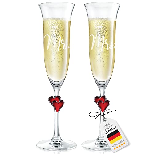 Premium Champagnerglas mit Aufschrift "Bride & Groom", 170 ml, mit Aufschrift "Mr & Mrs", gravierte rote Herzen, Champagnergläser, Champagnergläser, für Valentinstag, Jahrestag, Braut, Verlobung Cover