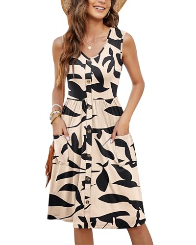 MOLERANI Summer Dresses for Women UK Ladies Casual V Neck Beach Dress Swing Button Midi Sundress Dress with Pockets Apricot Base with Black Leaf XL