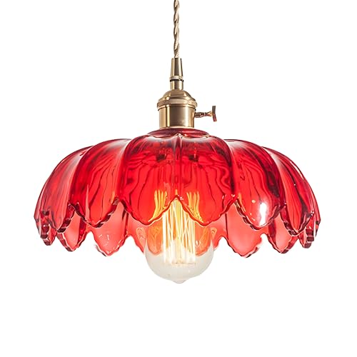NICRX 25 cm industriel Vintage pendentif éclairage verre Lotus lampe suspension lustre E27 laiton finition plafond suspension lampe (Rouge)