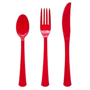 Party Essentials Extra Heavy Duty Hard Plastic Cutlery Combo Pack, Full Size Knives/Forks/Spoons, Red, 96-Pieces/ 32-Place Settings (N1224RD-4)