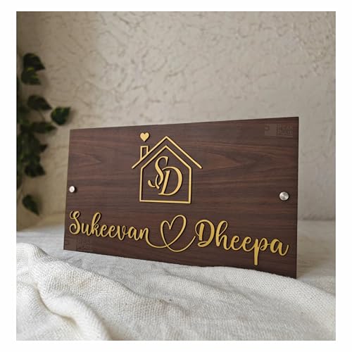 Image of Custom Wooden Name Plate for Home | Personalized Acrylic 3D Golden Letter Name Board | Waterproof, Wall Mount House Name Plate for Main Door | Modern Brown Wood Texture - 16 x 8 Inch