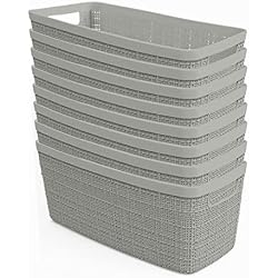 Curver Set of 8 Slim 6.8L Jute Decorative Plastic Organization and Storage Baskets - Perfect Bins for Home Office, Closet Shelves, Kitchen Pantry and All Bedroom Essentials, Grey