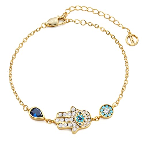Cicy Bell Womens Evil Eyes 18K Gold Plated Link Bracelets Hamsa Hand Turquoise Cubic Zirconia Cable Chain Charm Bracelets Trendy Jewelry Gifts for Lover Mom Friends