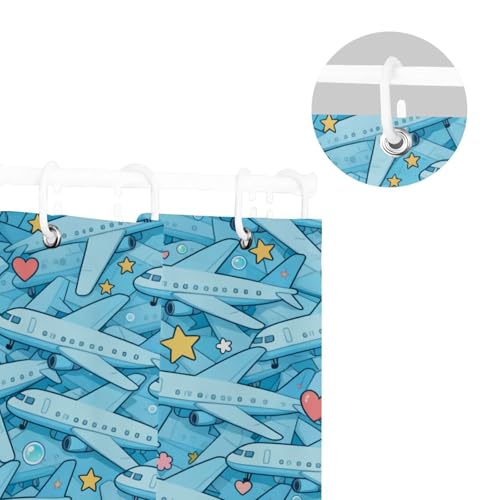 Rideau de douche standard bleu motif avion imperméable avec crochets 168x183