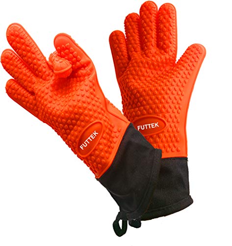 FUTTEK Oven Gloves, Silicone Grill Gloves with Ultra-long and Extended Wrist Guard, Extreme Heat Resistant to 446Â°F, Cooking Gloves for BBQ/Baking/Grill/Smoker; 1 Size Fits Most, 1 Pair, Orange