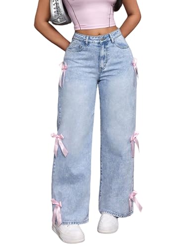 Women Wide Leg Baggy Jeans High Waisted Bowknot Embroidery Denim Pants Straight Leg Boyfriend Trendy Streetwear