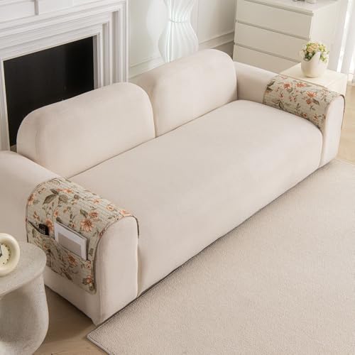 Image of HOMETHREADS Anti-Skid Sofa Protector Mat: Premium Printed Cotton Slipcover with Strong PVC Non-Slip Backing, (White Green, 2Pc Armrest Mat | 50x75cm)