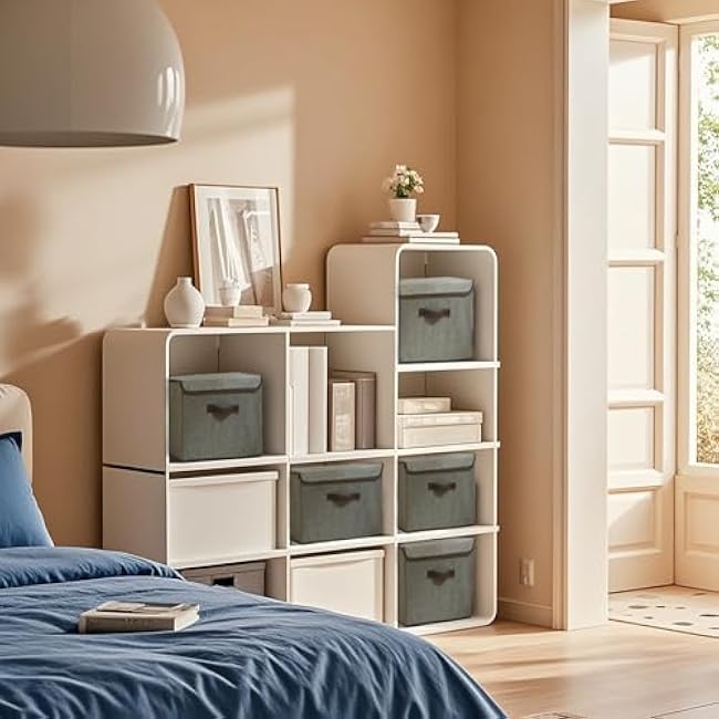 4Pack Large Storage Bins with Lid, Foldable Storage Boxes, Washable Fabric Storage Bins, Decorative Lidded Cotton Linen Fabric Home Cubes Baskets Closet Organizer Containers - Grey