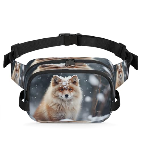 Cute Fox Snow Waterproof Fanny Pack for Women Men Adjustable Waist Bag with Double Zipper Pockets Lightweight Square Hip Pack for Running Travel Hiking Workout Cycling