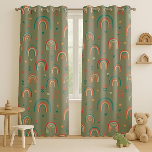 Image of STITCHNEST Velvet Kids Curtains Pack of 2 | Colorful Rainbow & Heart Print | Semi Blackout Curtains for Nursery, Toddler & Playroom | 5 Feet