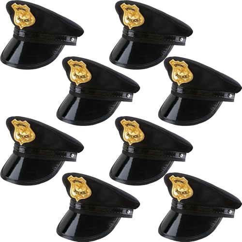 SGBETTER 8 Pack Kids Police Hat Black Policeman Cop Hat Police Officer Hat for Boys Girls Halloween Party Favors Costume Accessories