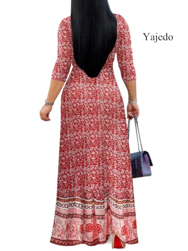 Image of Yajedo Womens Casual Summer Maxi Dress Plus Size Sexy Wrap V Neck 3 /4 Sleeve Sundress with Pockets