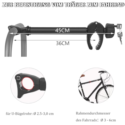 Sorlpv Rahmenhalter für Fahrradträger 45CM Länge, Universal Fahrradrahmenhalter Abschließbare, Alu Rahmenhalter für U-Bügelrohr: Ø 2,5-3cm, für Rahmendurchmesser des Fahrrads: Ø 3-6cm