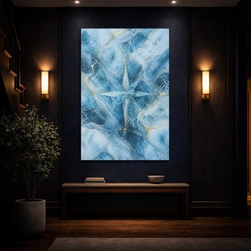 Tableau Boussole Abstraite Bleu et Or 50x75 cm pour Décoration Murale