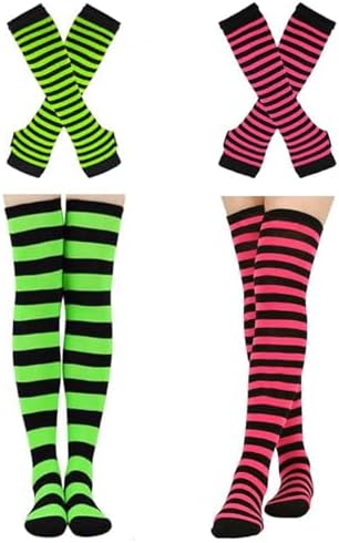 Barrlves 2/4 Sets Womens Striped Knee High Socks Long Knitted Arm Warmers Fingerless Gloves for Halloween Costume