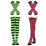 Barrlves 2/4 Sets Womens Striped Knee High Socks Long Knitted Arm Warmers Fingerless Gloves for Halloween Costume (2sets Rose+Neon)