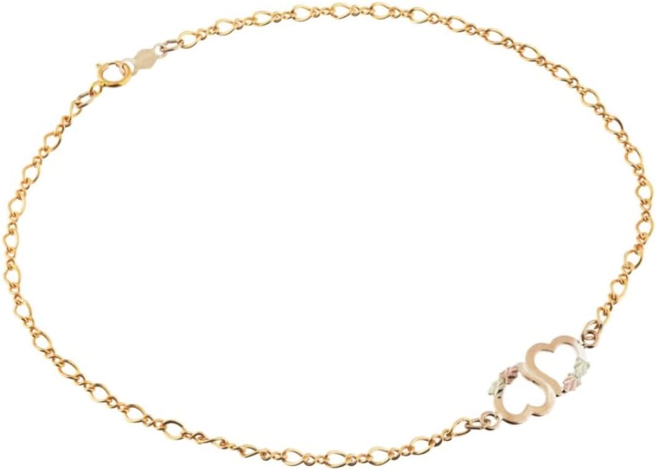 Two Hearts Anklet Bracelet, 10k Yellow Gold with 12k Green & Rose Black Hills Gold Accents, Romantic Heart Design, 10.25-Inch Women’s Fine Jewelry