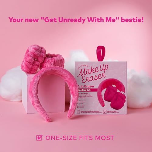 Image of Drip Eraser by The Original Makeup Eraser, Absorbent Headband and Wristbands Collect Water During Face Washing, 3 Piece Spa Set, One Size Fits Most, Original Pink