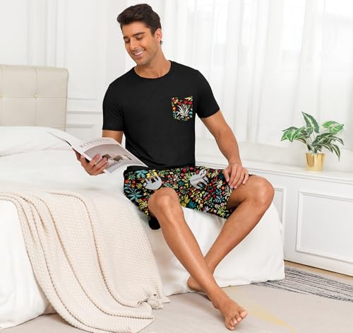 Image of PrinStory Mens Summer Pajamas Set Lightweight Pjs Sets Short Sleeve Pajama Shorts Set Soft Sleepwear Loungewear with Pockets