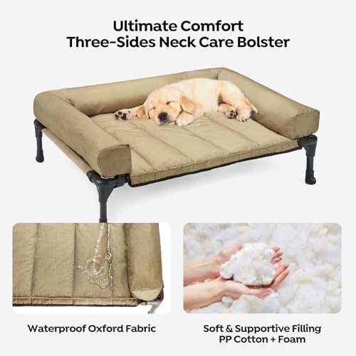 Veehoo Outdoor Hundeliege erhöht, Hundebett Erhöht mit abnehmbarem Bloster Kühlendes Erhöhtes Hundebett mit Atmungsaktivem Teslin-Netz für Haus und Garten, Beige 81 x 64 x 18cm
