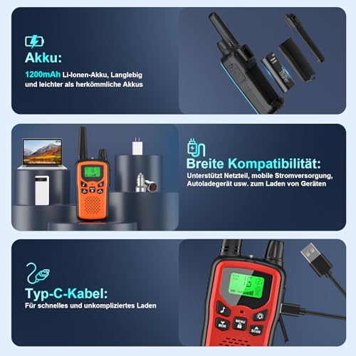 Walkie Talkie 3er Set Kinder Aufladbar, Rabigala Funkgeräte mit 5km großer Reichweite für Erwachsene, Li-ion Akku, VOX Freisprecheinrichtung, Taschenlampe LED, LCD