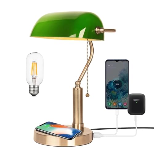 FIRVRE Lampe de Bureau Banquier avec Ampoule LED, Lampe de Bureau Vintage avec Sans fil Rechargeable et 2 Ports de Charge USB, pour Bureaux Bibliothèques Salles D'études et Chambres à Coucher