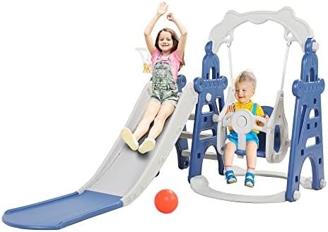 3-in-1 Kids Slide for Toddlers Age 1-3 Slide and Swing Set,Indoor Playground for Children,Freestanding Outdoor Slides with Basketball Hoop,Outside Climber Playhouses,Baby Climbing Toys