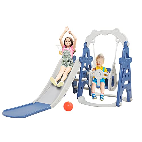 3-In-1 Kids Slide For Toddlers Age 1-3 Slide And Swing Set,Indoor Playground For Children,Freestanding Outdoor Slides With Basketball Hoop,Outside Climber Playhouses,Baby Climbing Toys #TOP2