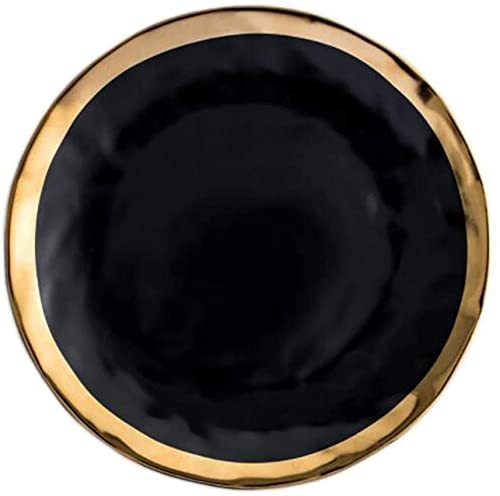 KKGUD Plato de cena de cerámica vintage para fideos de filete, elegante plato de borde dorado (negro, 20 cm)