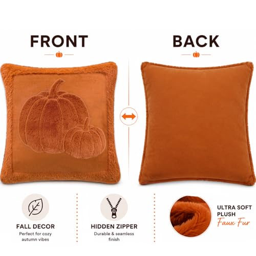 Brylla 18x18in Embossed Pumpkin Fall Pillow Covers Set of 2, Soft Faux Fur