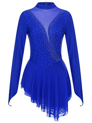 iiniim Vestido Patinaje Artistico Mujer Manga Larga Encaje Maillot de Ballet Danza Leotardo Gimnasia con Falda Traje Bailarina Elegante Azul Real B M