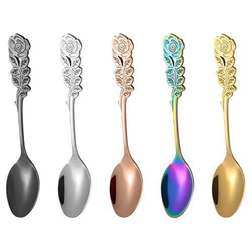LaresDay Lot de 5 cuillères à café avec décoration délicate de roses - En acier inoxydable - Pour gâteaux, thé de l'après-midi, café et sucre - Cadeau élégant