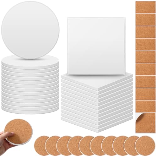Zopeal 48 Pcs Ceramic Tiles for Crafts Coasters Include Unglazed White Ceramic Tiles with Cork Backing Pads Use with Alcohol Ink Acrylic Pouring for DIY Project Gift (Square Round)