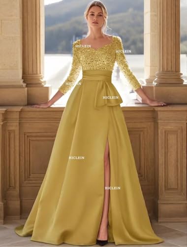 Long Sleeve Formal Prom Dresses Sequin Satin Ball Gowns with Slit Square Neck A Line Evening Gown with Pockets4