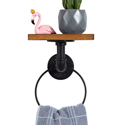 Towel Ring Towel Rack Modern Towel Holder With Wooden Shelf Rustic Hand Towel Ring Wall Mount Heavy Duty Bath Towel Rack For Bathroom Black #TOP3