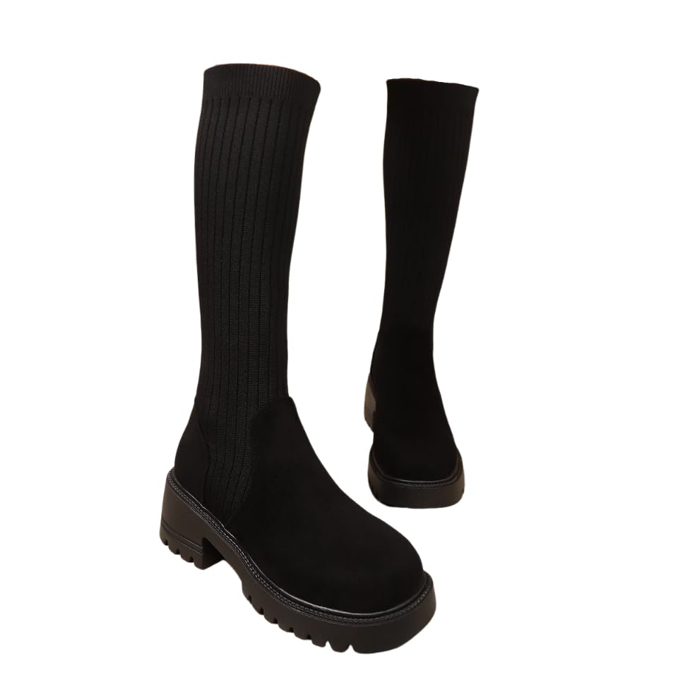 Womens Stretch Knit Sock Boots Round Toe Block Heel Platform Chelsea Boots Non-Slip Lug Sole