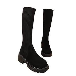 Womens Stretch Knit Sock Boots Round Toe Block Heel Platform Chelsea Boots Non-Slip Lug Sole