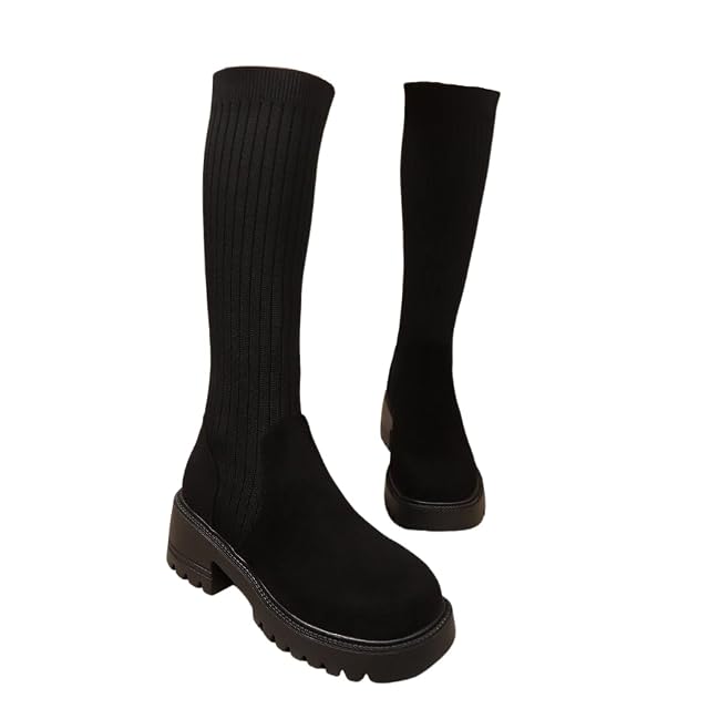 Womens Stretch Knit Sock Boots Round Toe Block Heel Platform Chelsea Boots Non-Slip Lug Sole
