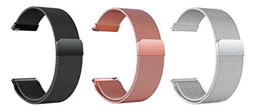 Image of ACM Pack of 3 Watch Strap Magnetic Loop 20mm compatible with Compaq Q Watch Smartwatch Metal Chain Band (Black /Rose Gold Pink /Silver)