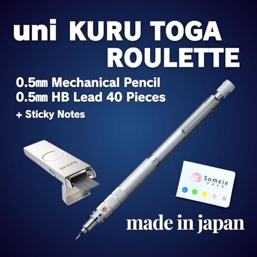Image of Uni Kuru Toga Roulette 0.5mm Mechanical Pencil, Silver Body (M510171P.26) Set - Metal Case 0.5mm HB Lead Refills 40 Pieces(ULSM05HB) + Sticky Notes - Made in Japan