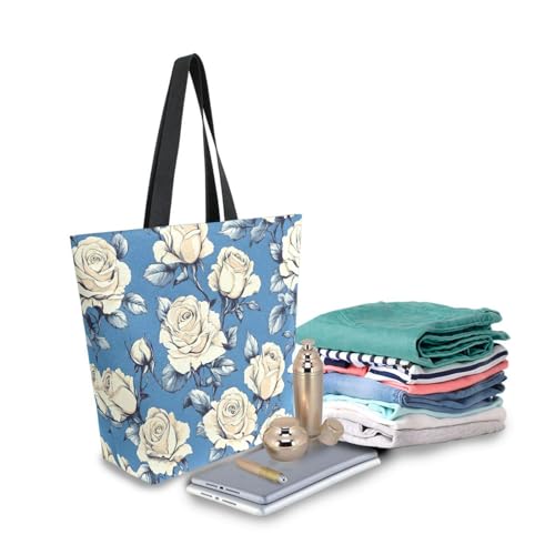 Extra Large Shoulder Tote Bag for Beach Travel Weekender Gym Yellow Flower Blue Leaves Pattern Reusable Grocery Canvas Shopping Bag3
