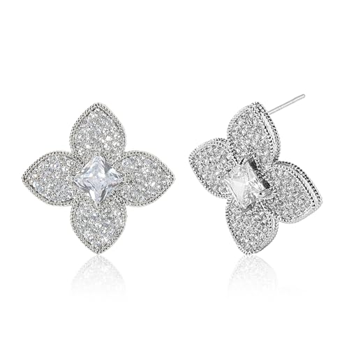 Image of Clover Earrings for Women Trendy 14K Gold Plated Four Leaf Stud Earrings Silver Flower Huggie Hoop Lucky Dangle Drop Earrings Jewelry St. Patrick's Day Christmas Anniversary Birthday Gift for Lover Daughter Mother Girlfriend
