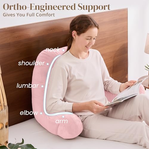 Image of Sasttie Reading Pillow for Bed, Back Pillow for Sitting Up, Pink | 23 inch Backrest Support Cushion for Couch, Sofa, and Floor, Dorm Essentials, OEKO-TEX, Adjustable Down Alternative Fill